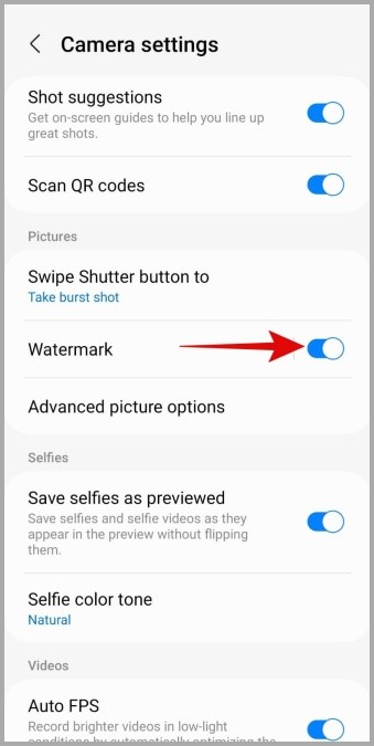 Включить или отключить водяной знак в приложении Samsung Camera