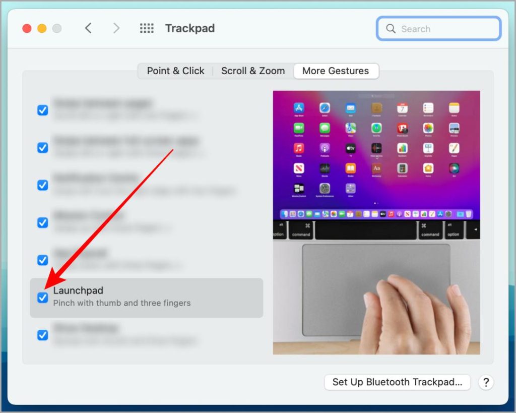 Включение жестов трекпада Launchpad на Mac