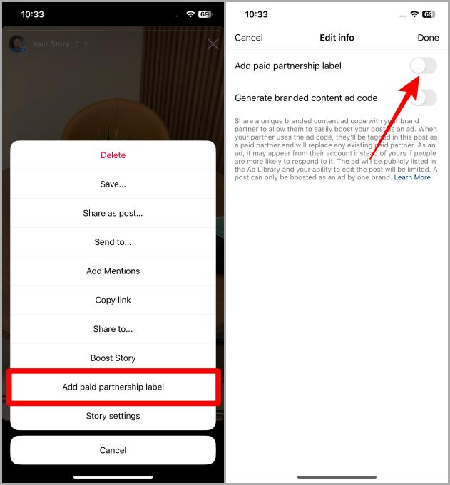 Включение метки платного партнерства для ранее опубликованной истории в Instagram на iOS