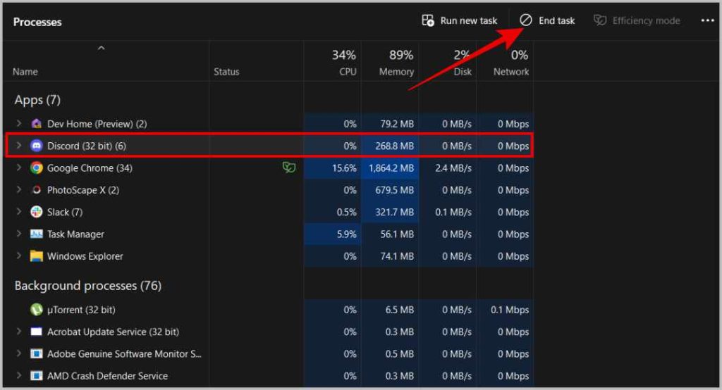 Завершение задачи Discord в диспетчере задач Windows