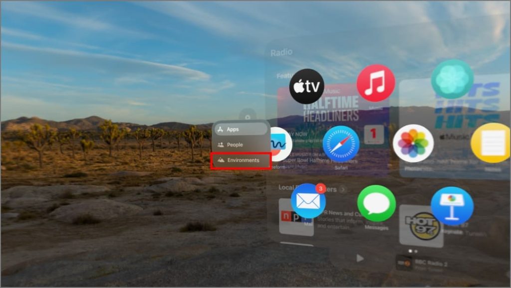 Параметр «Среды» в главном представлении на Apple Vision Pro