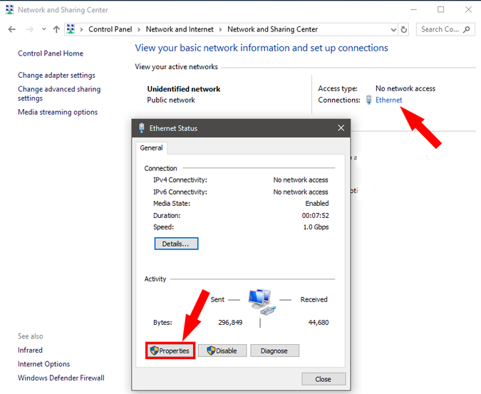 Параметр Ethernet_Properties в настройках компьютера с Windows