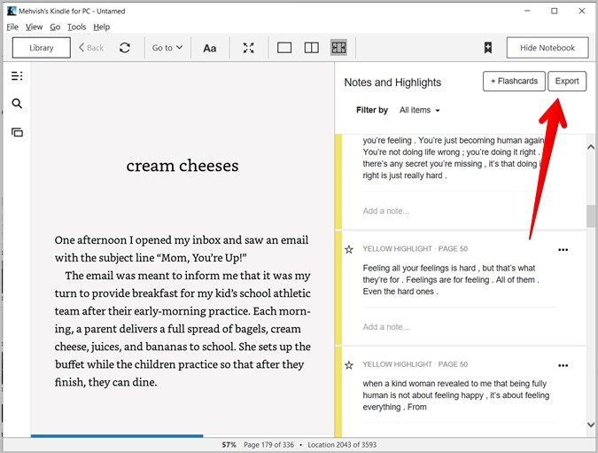 Экспортировать Kindle Highlights Desktop Получить ноутбук