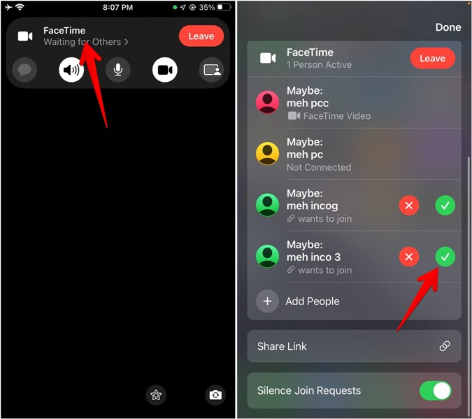 Запрос на присоединение к FaceTime Silence утвердить людей