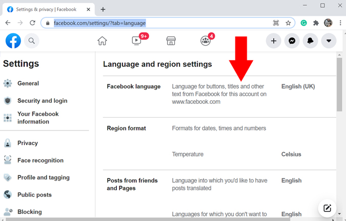 Выберите язык Facebook на ПК