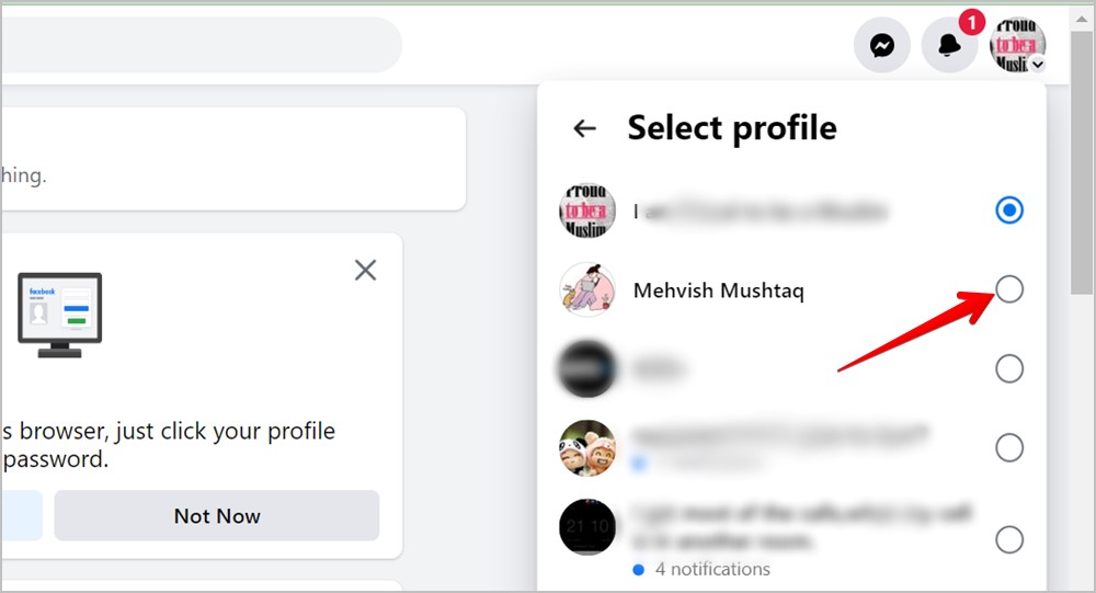 Компьютер Facebook Переключиться на профиль со страницы