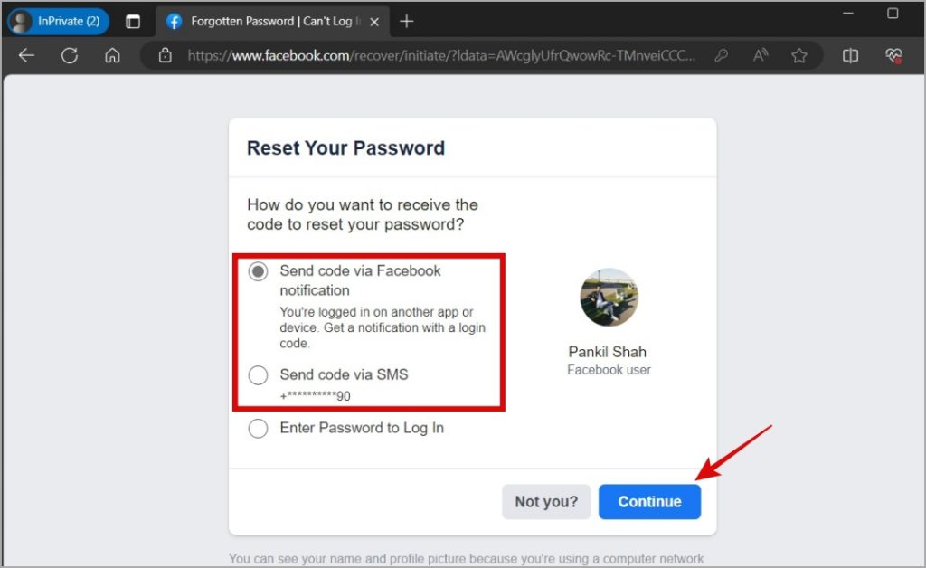 Страница сброса пароля Facebook