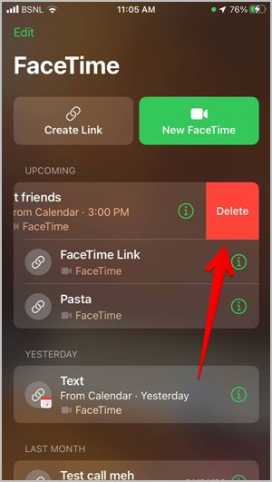 Ссылки Facetime Удалить Проведите пальцем по экрану