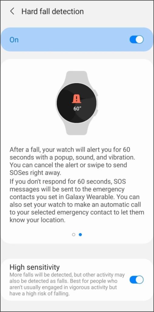 Опция чувствительности обнаружения падения в приложении Galaxy Wearable