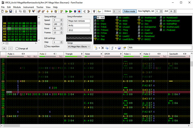 Окно FamiTracker с множеством случайных чисел, но на самом деле это музыкальные ноты.