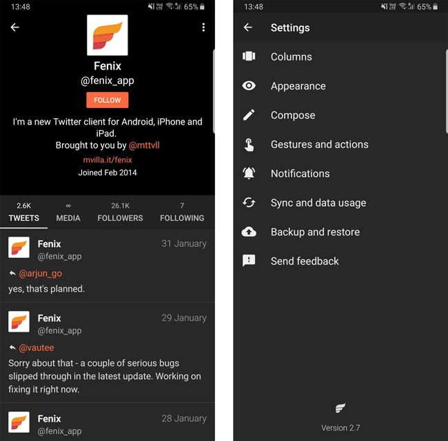 Приложение Fenix ​​2 Twitter