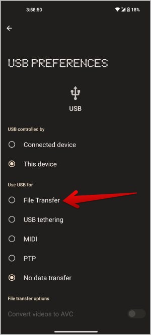 Изменение предпочтений USB на передачу файлов на Android