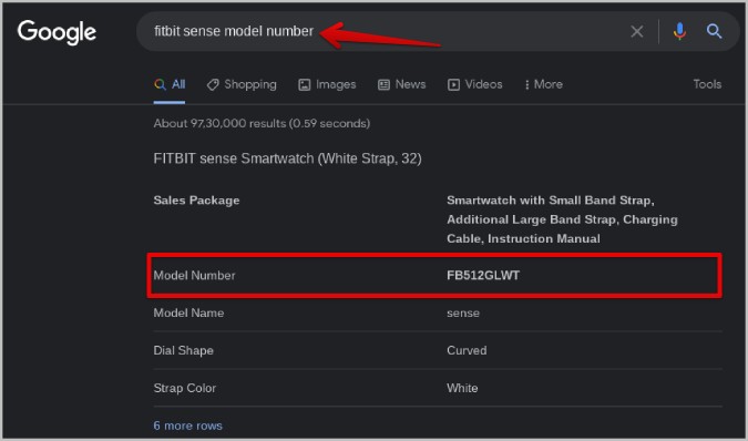поиск номера модели Fitbit в Google