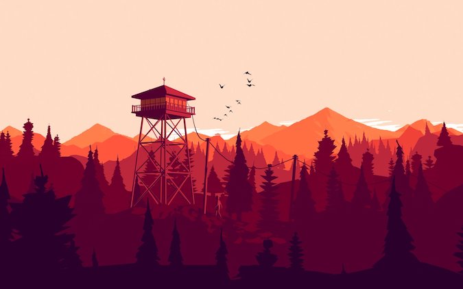 Firewatch - минималистичный пейзаж со сторожевой башней и летающими в небе птицами.