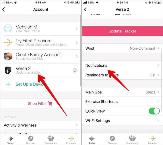 Уведомления Fitbit для iPhone Versa
