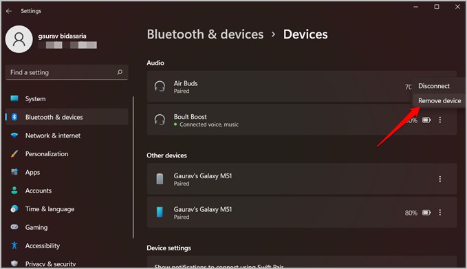 удаление Bluetooth-устройства из настроек Windows 11