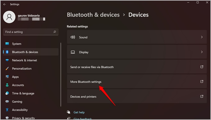 дополнительные настройки Bluetooth в Windows 11