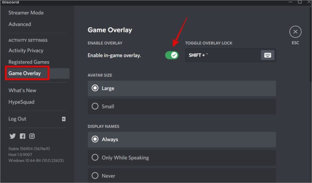 отключить наложение Discord в игре в Windows