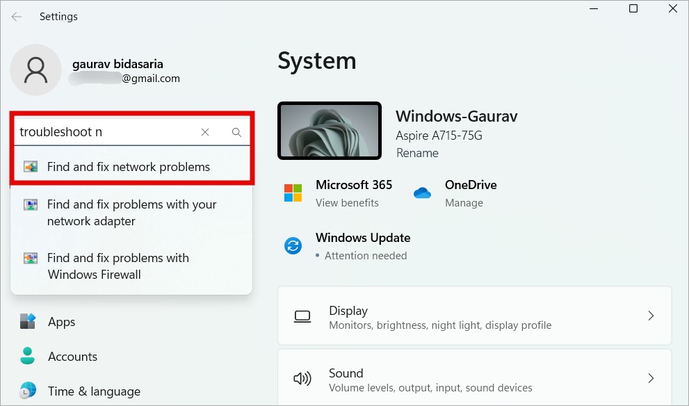 средство устранения неполадок сети в настройках Windows 11