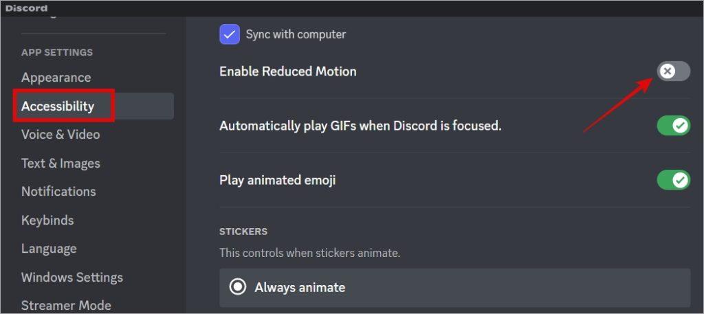 включить уменьшенное движение в настольном приложении Discord