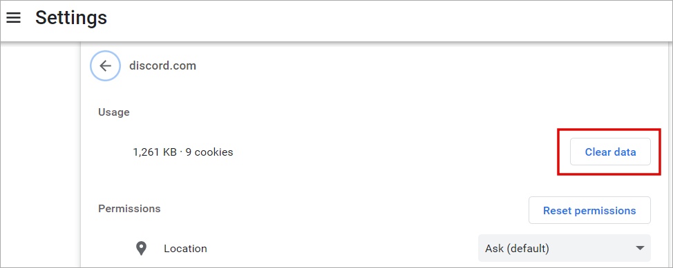 очистить данные сайта в Chrome для Discord