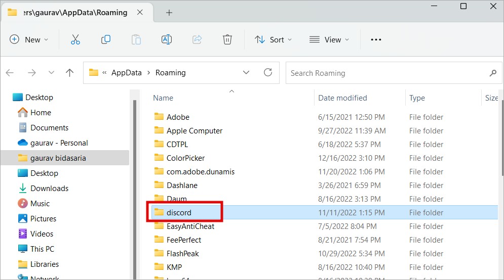 папка Discord AppData в Windows