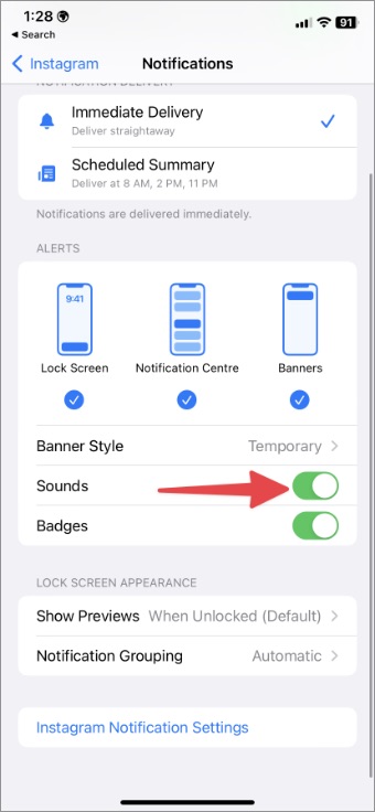 включить звук уведомлений Instagram на iPhone