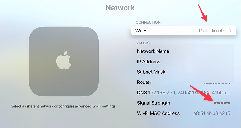 Wi-Fi включен на Apple TV