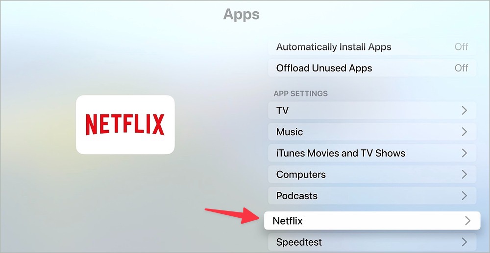 Netflix в настройках Apple TV