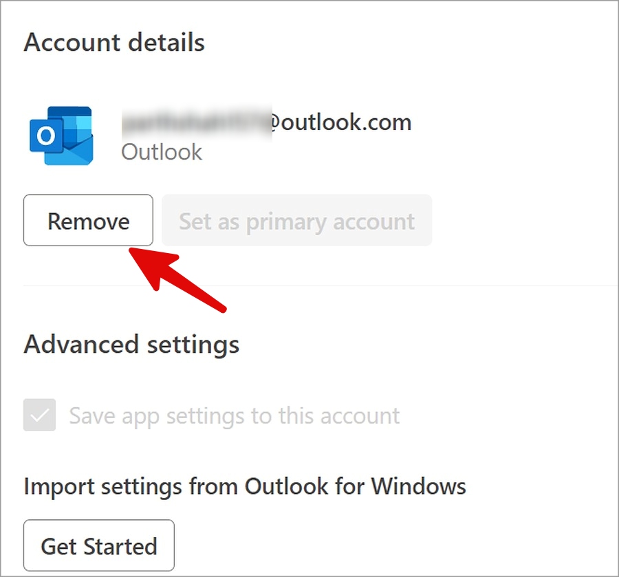 удалить учетную запись электронной почты из Outlook в Windows