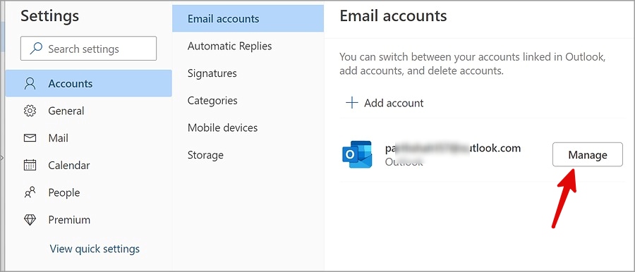 открыть Управление учетными записями электронной почты в Outlook