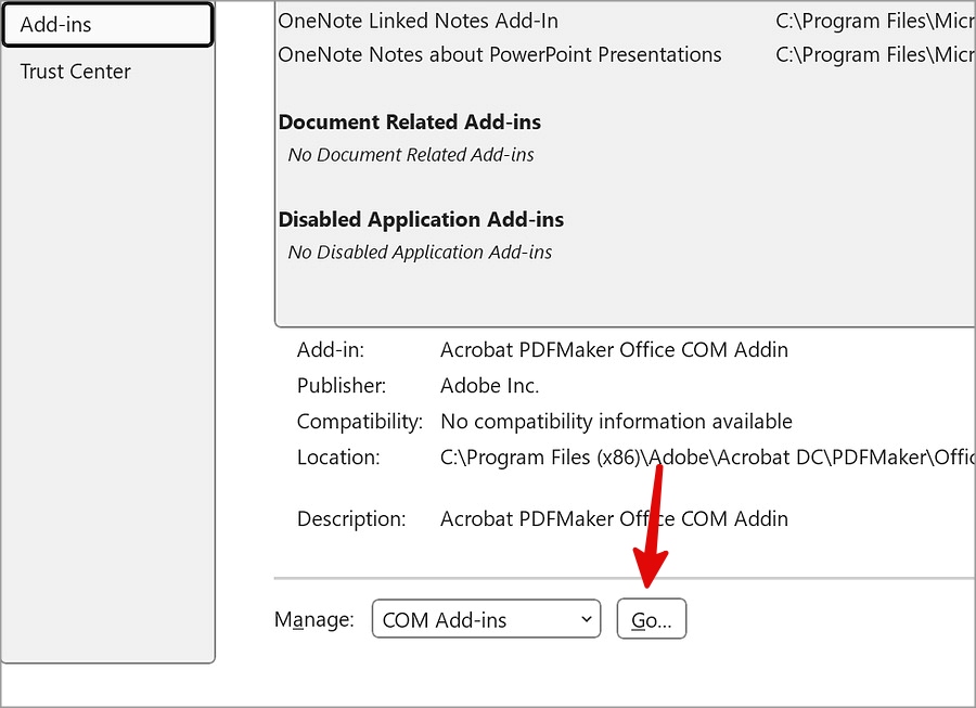 Меню опций в Power Point в Windows