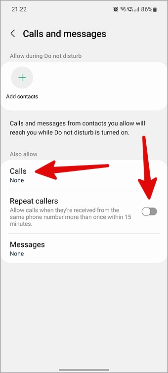 разрешить повторные звонки и контакты во время режима «Не беспокоить» на телефоне Samsung
