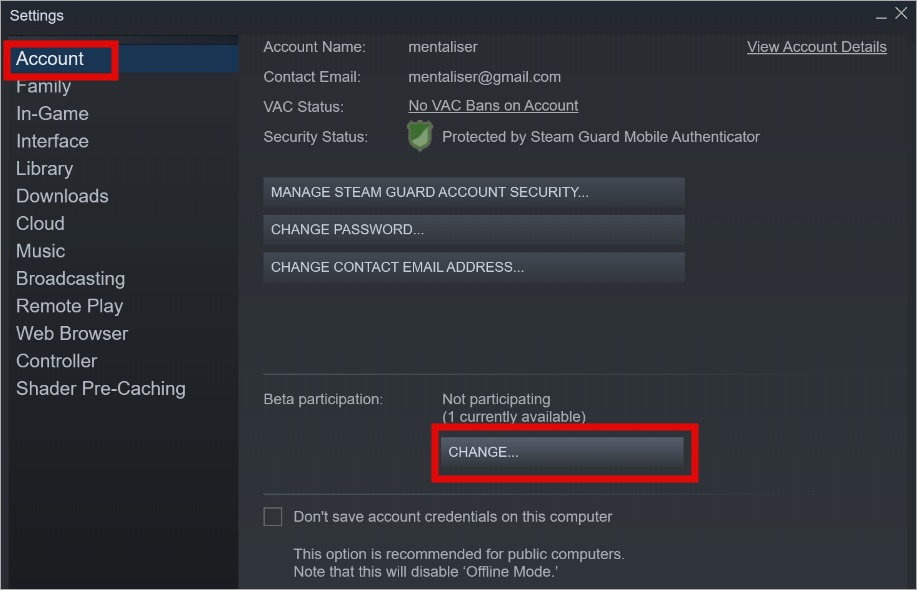 участие в бета-тестировании учетной записи Steam в Windows