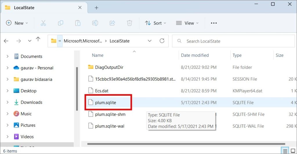 Файл Plum.sqlite в Windows 11, в котором хранятся заметки