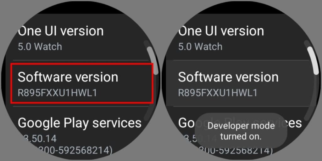 Нажмите «Версия программного обеспечения», чтобы включить параметры разработчика на Galaxy Watch.
