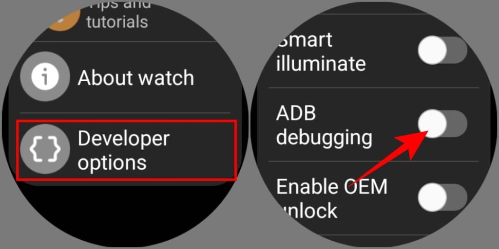 Включение отладки ADB в настройках разработчика на Galaxy Watch