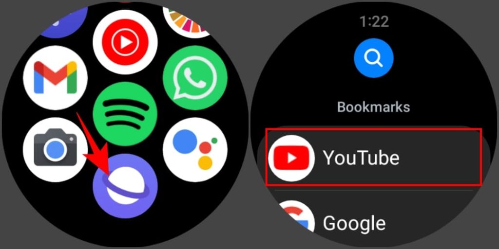 Закладка YouTube в Samsung Internet на Galaxy Watch