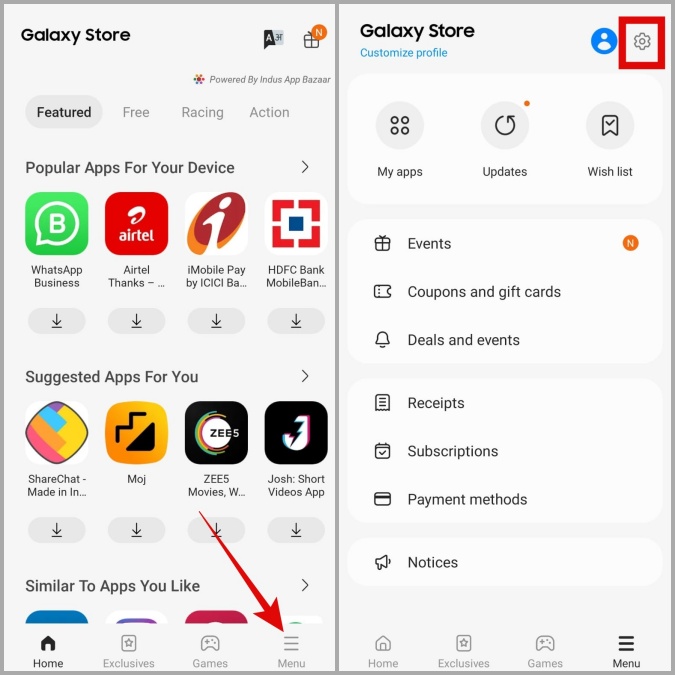 Настройки приложения Galaxy Store на телефоне Samsung