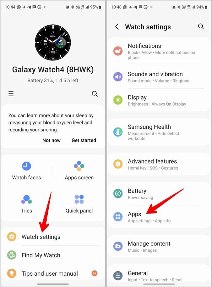 Настройки приложения Galaxy Watch