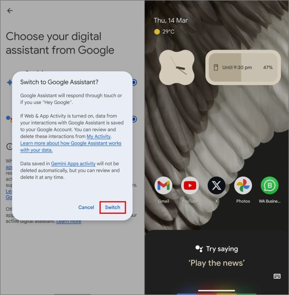 Переключение на Google Assistant из Gemini в настройках Gemini