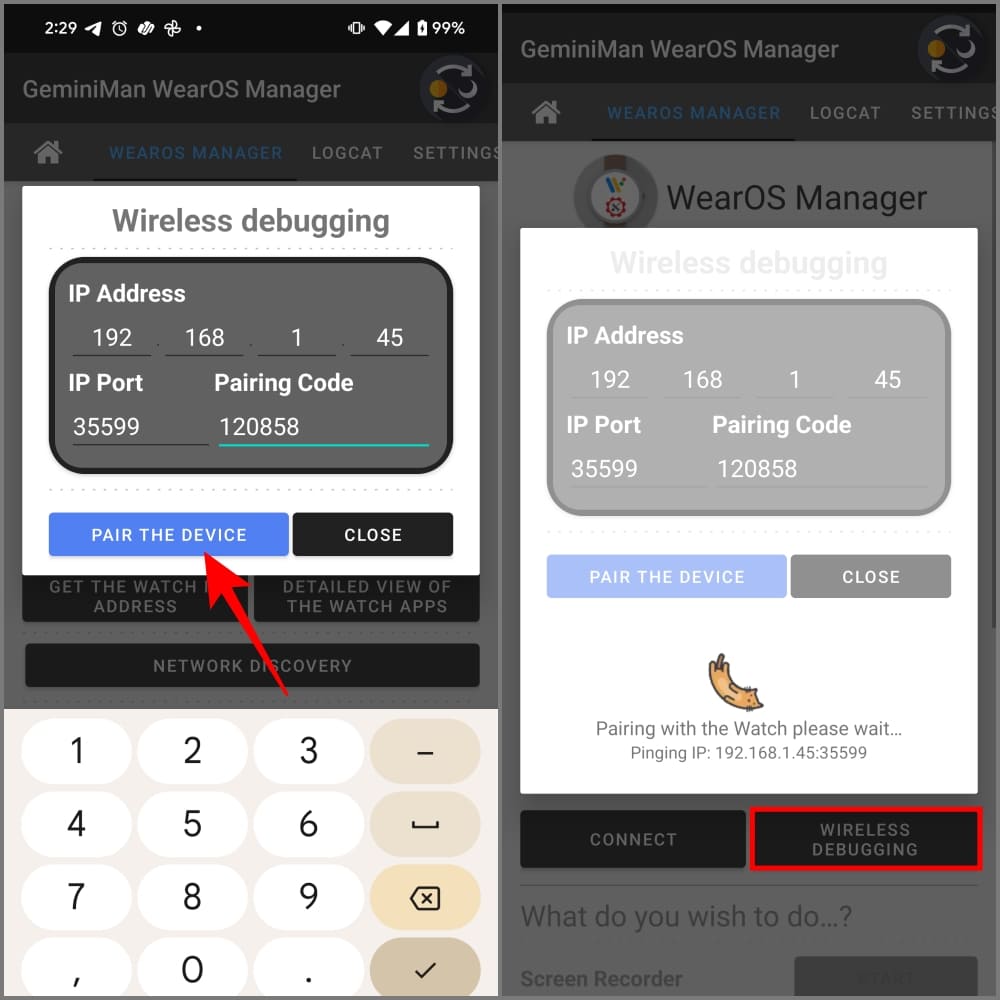 Приложение GeminiMan WearOS Manager на Android