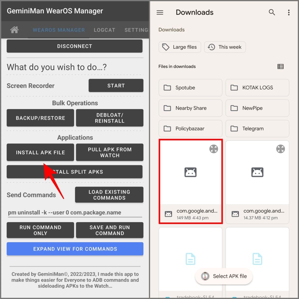 Установите APK-файл на Galaxy Watch с помощью приложения GeminiMan WearOS Manager на Android