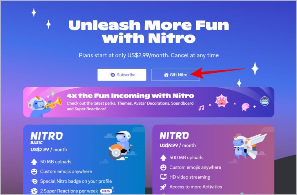 Подарочная опция Nitro на Discord