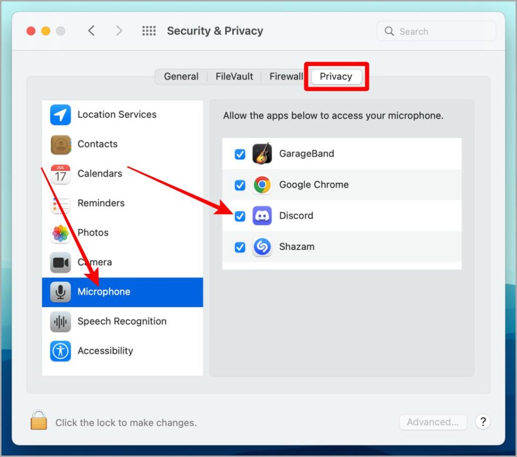 Предоставление разрешения Discord Mic на Mac