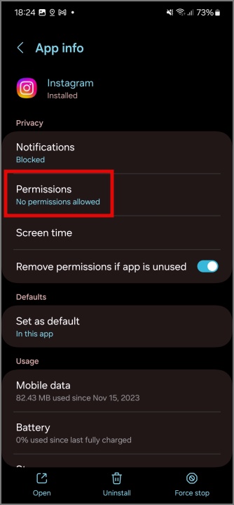 Перейдите на экран разрешений приложения Instagram.
