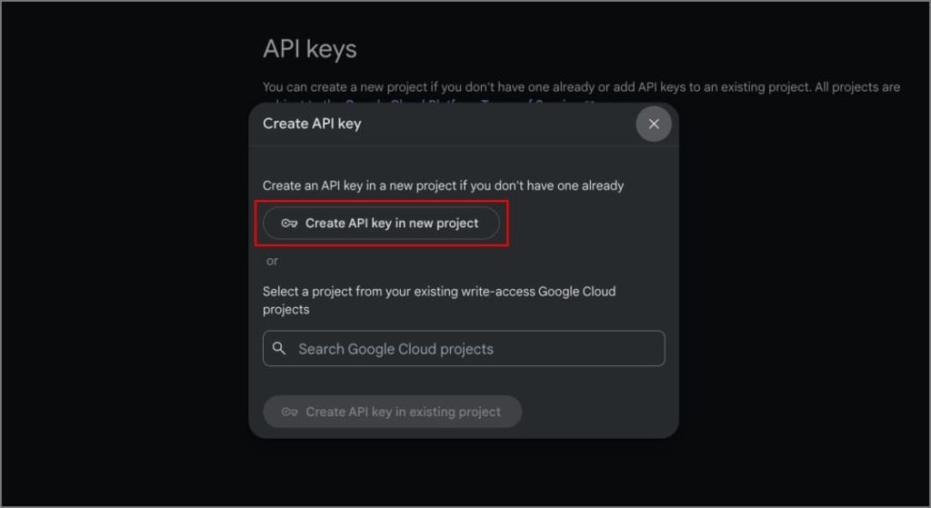 Создать ключ API в новой опции проекта в Google AI Studio.