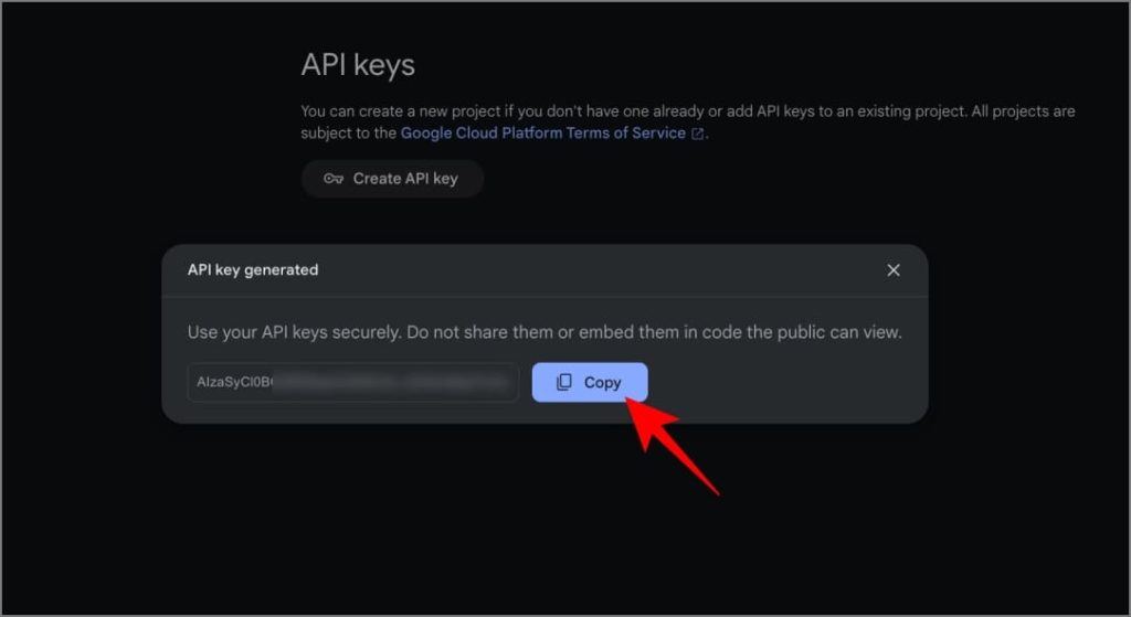 Скопируйте ключ API в Google AI Studio