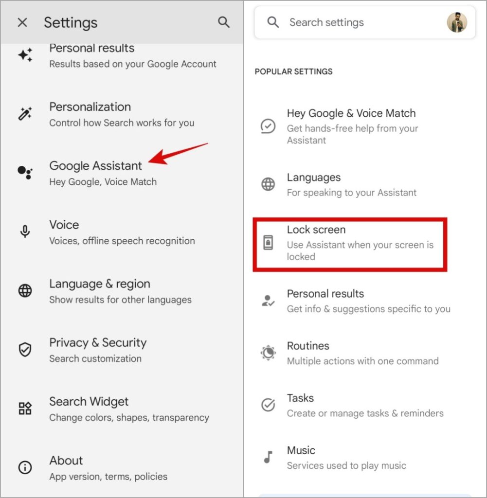 Настройки экрана блокировки Google Assistant на Android