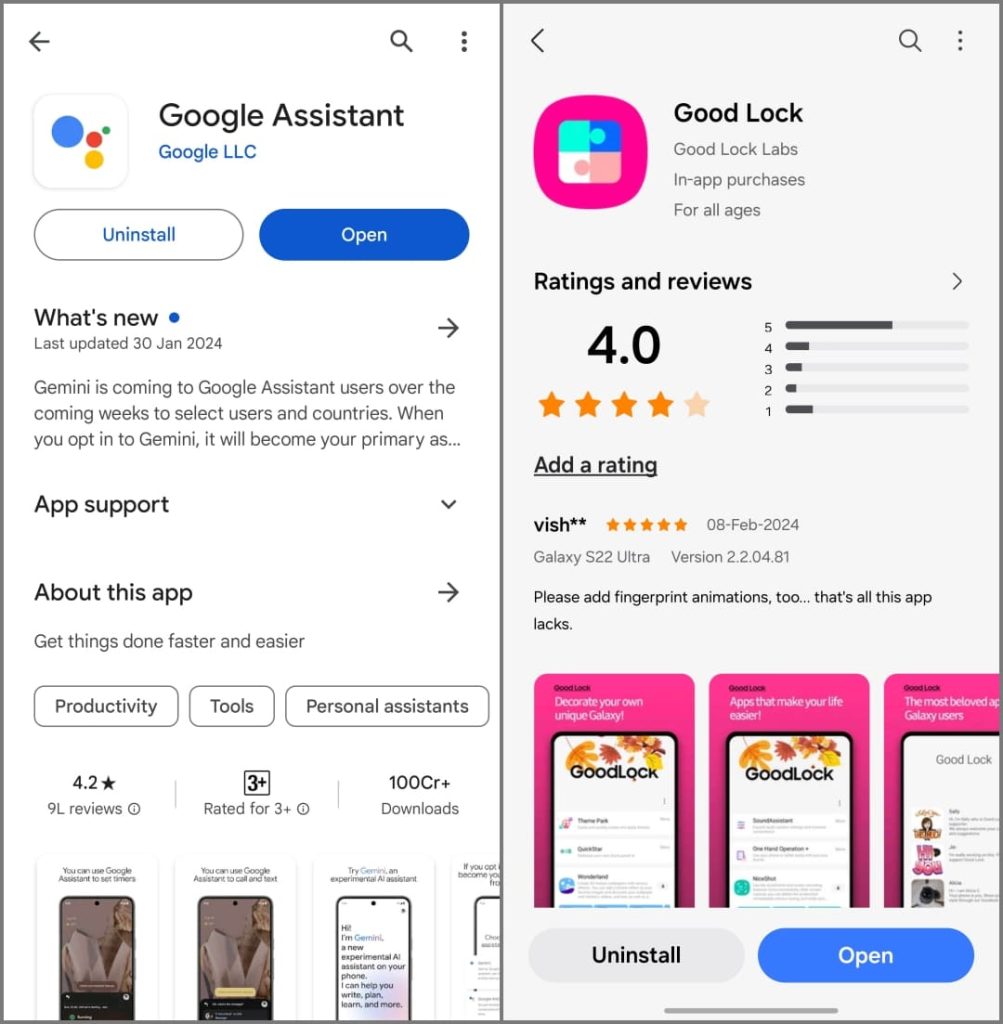 Приложения Google Assistant и Good Lock на телефоне Samsung Galaxy